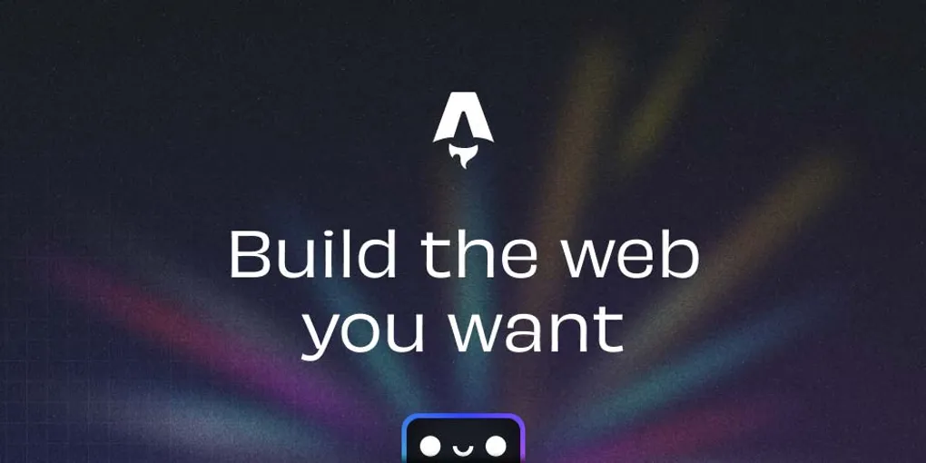The image is a promotional graphic for Astro, a web development platform. It features a dark background filled with abstract, shimmering blue, purple, and teal rays of light.  Overlaid on the image is the text 'Build the web you want' in a sans-serif white font.  The overall impression is one of creative potential and a modern approach to web design. A stylized logo is in the center above the text.