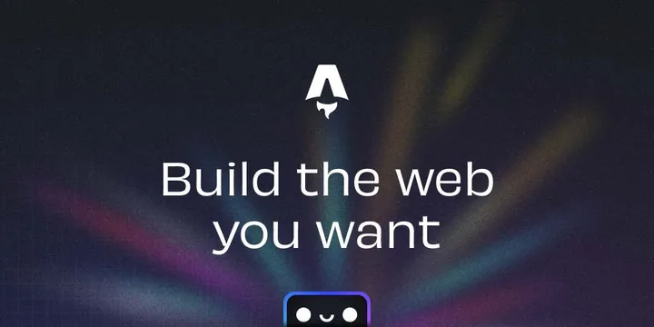 The image is a promotional graphic for Astro, a web development platform. It features a dark background filled with abstract, shimmering blue, purple, and teal rays of light.  Overlaid on the image is the text 'Build the web you want' in a sans-serif white font.  The overall impression is one of creative potential and a modern approach to web design. A stylized logo is in the center above the text.