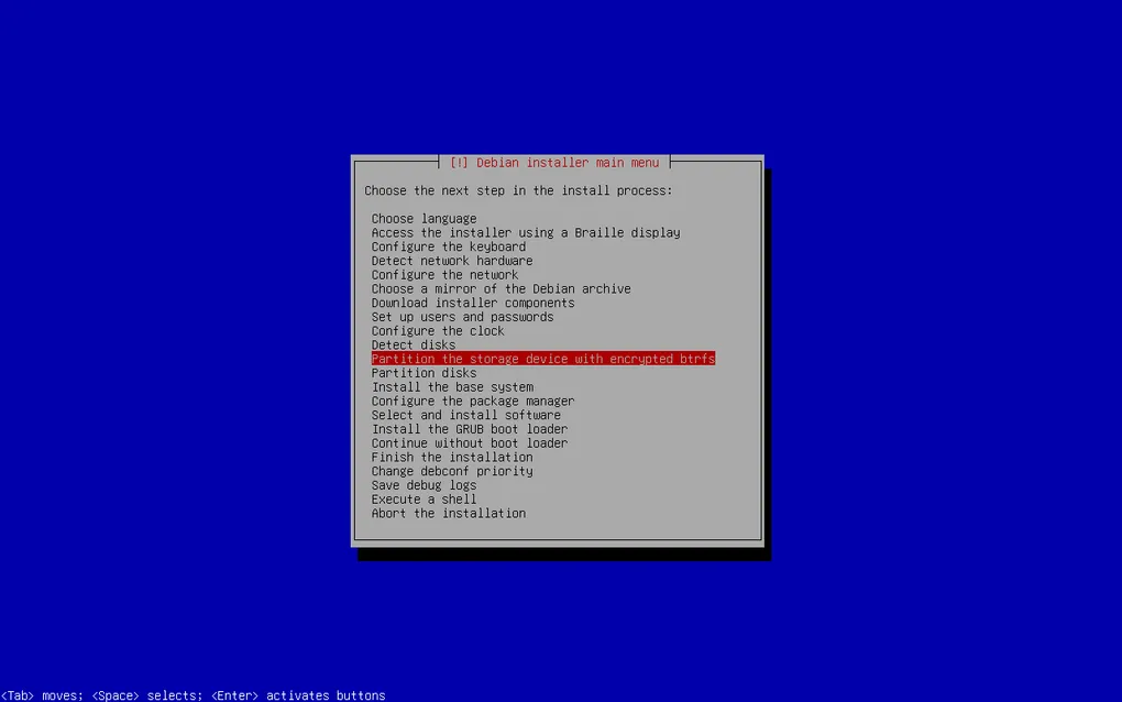 A screenshot of the debian installer menu.